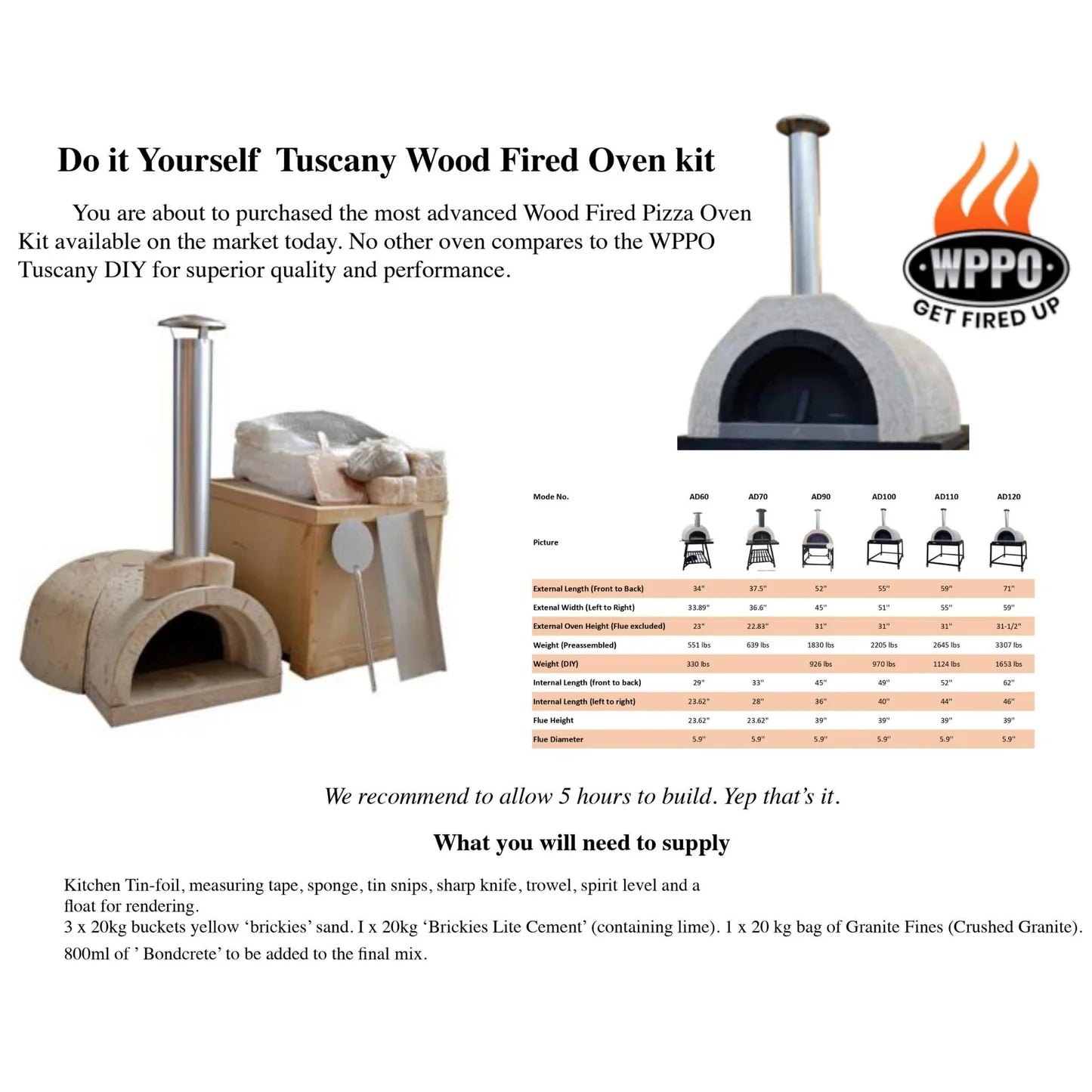 DIY Tuscany Wood Fired Oven Kit, Includes Stainless Steel Flue & Black Door 55Dx52Wx31H