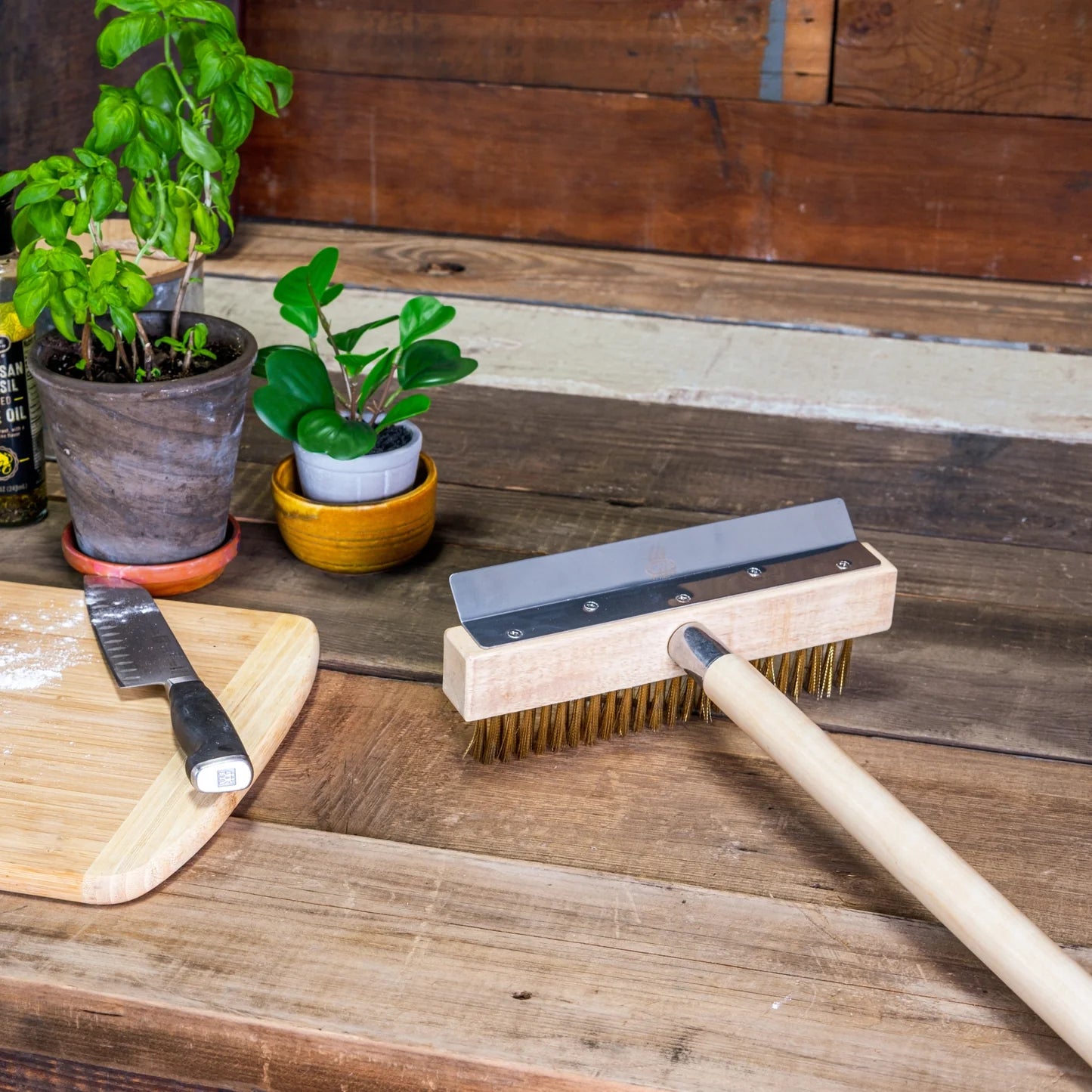 Wood Fired Oven Brush w/Wood Handle, Stainless Steel Scraper